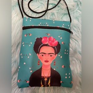 Crossbody Small OS Frida Kahlo Turquoise with black painting of her front zipper